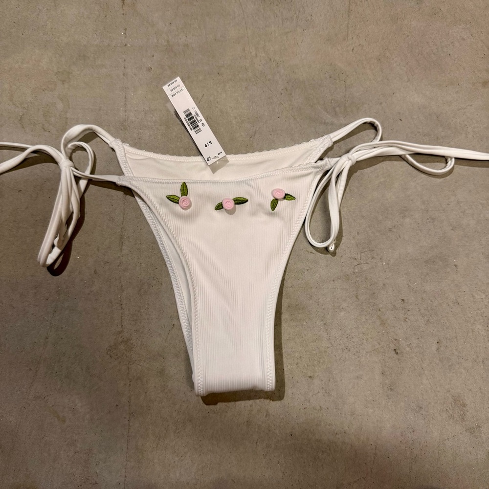White Bikini Bottom with Floral Accents
